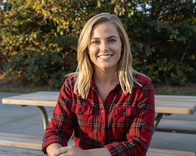 Brittany, a 29-year-old blonde woman in a flannel shirt at a rest area picnic table, a MileDating trucker dating by state profile