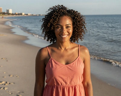 Jasmine, a 30-year-old Black woman in a sundress on Galveston beach, a MileDating trucker dating Houston profile