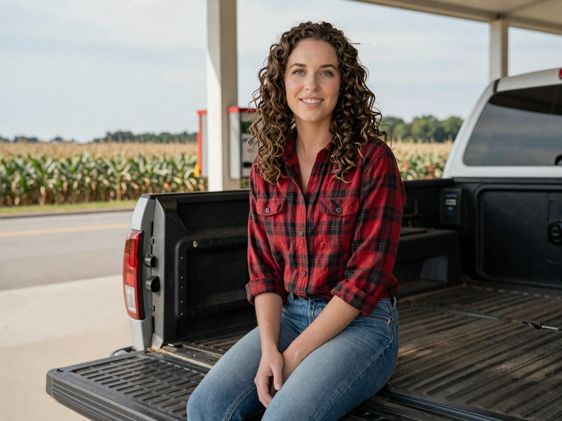 Woman in a flannel shirt sitting on a pickup truck tailgate at an Illinois rest stop, a MileDating trucker dating Illinois profile photo