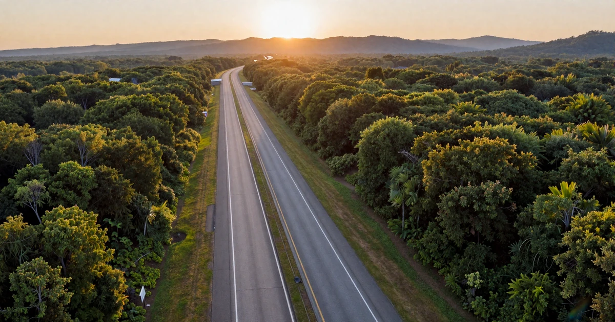 Aerial view of an American interstate highway through forest at golden hour, representing trucker dating by state