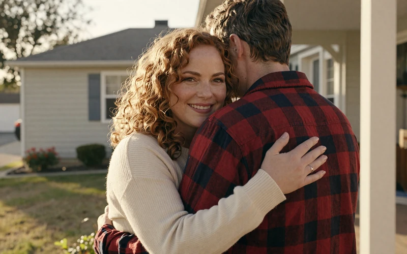 Woman in a sweater hugging a man in a flannel shirt on a front porch, representing home time for trucker couples