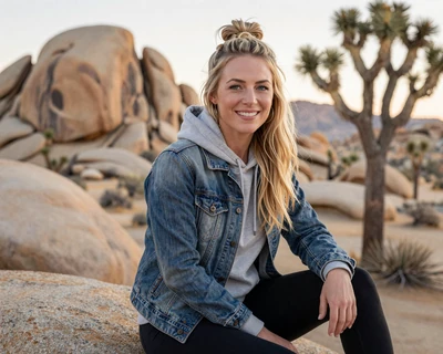 Savannah, a 32-year-old blonde woman in a hoodie and denim jacket at Joshua Tree National Park, featured on MileDating trucker dating