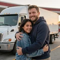 Hank and Sarah embracing at a truck rest area at sunset, a MileDating trucker dating success story