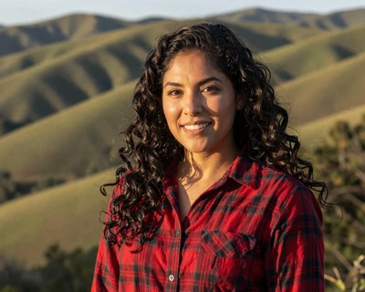 Daniela, a 34-year-old Latina woman in a red flannel shirt at a Texas Hill Country overlook, a MileDating trucker dating Texas profile