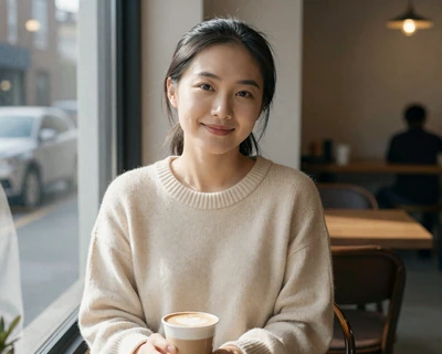 Amy, a 26-year-old Asian woman in a cream sweater at a Wicker Park café, a MileDating trucker dating Chicago profile