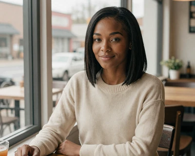 Danielle, a 33-year-old woman with straight black hair in a sweater at a small-town cafe, featured on MileDating trucker dating by state