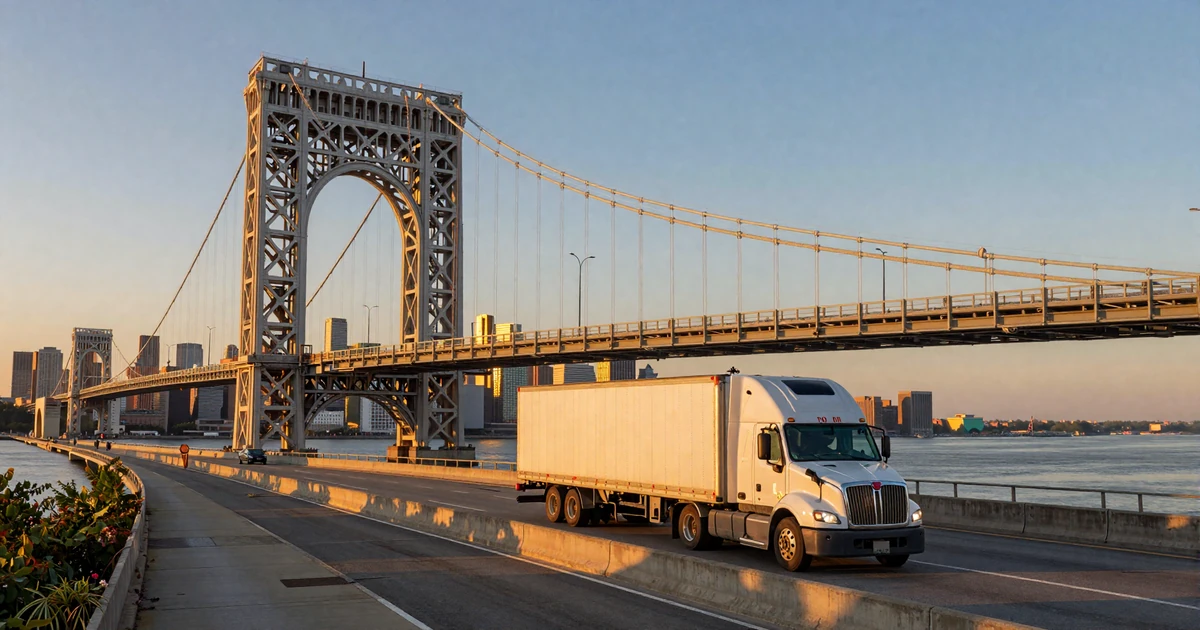 George Washington Bridge on I-95 at golden hour with a semi truck crossing toward the New York City skyline, representing trucker dating in New York
