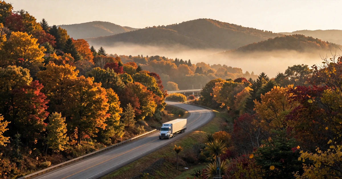 Forested Appalachian mountain highway in autumn with a semi truck in the distance, representing trucker dating in Pennsylvania