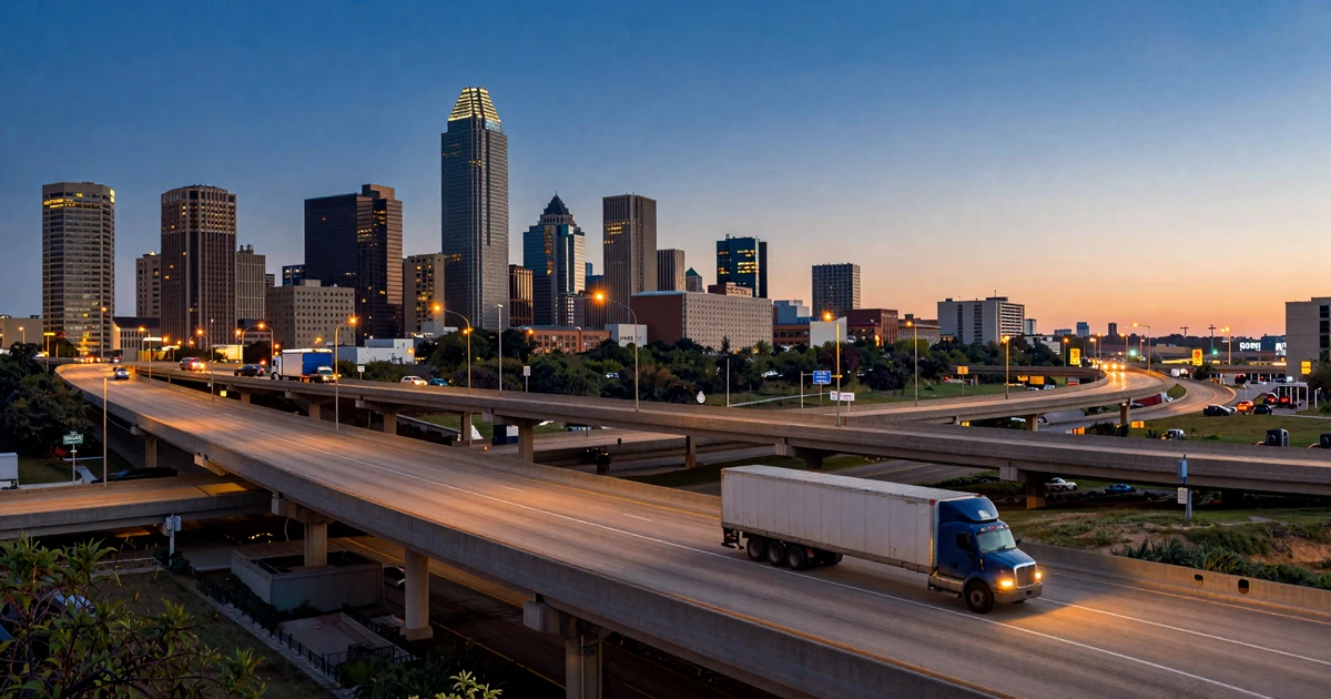 Dallas highway interchange at blue hour with semi truck on the interstate, representing trucker dating in Dallas
