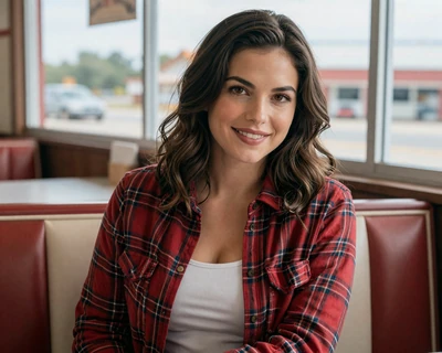 Brittany, a 34-year-old brunette woman in a flannel shirt at a southern diner, featured on MileDating trucker dating Atlanta