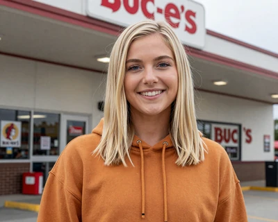 Katie, a 26-year-old blonde woman in a UT hoodie outside a Buc-ee's travel center in Texas, featured on MileDating trucker dating