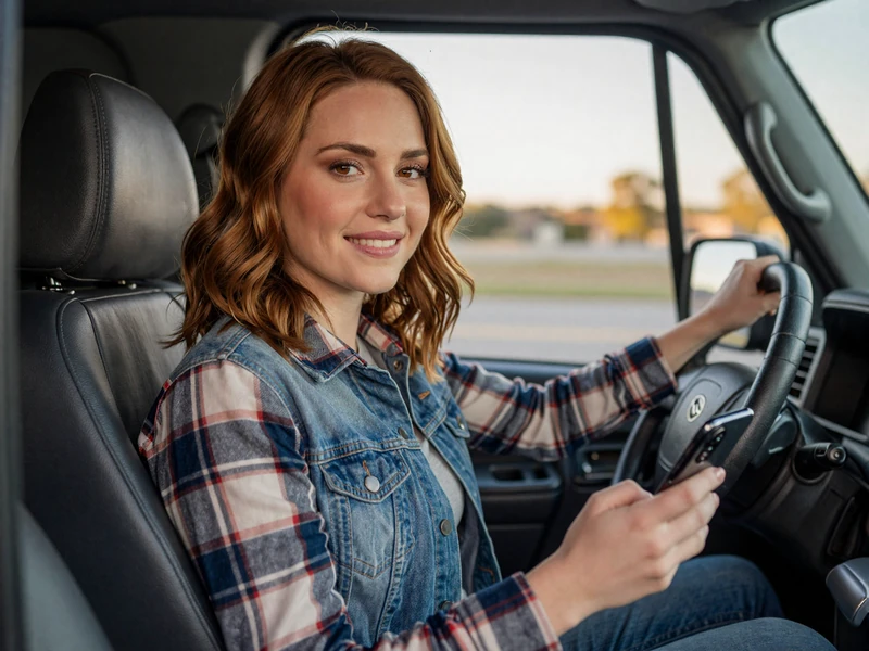 Woman in a flannel shirt smiling while holding a smartphone inside a truck cab, illustrating life on the road dating