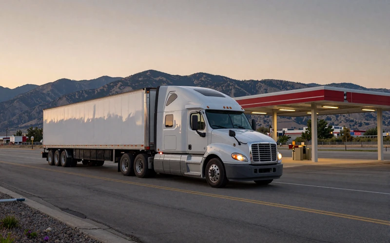 Semi truck parked at a rest area at dusk on an American interstate with mountains in the background, showing the trucker dating lifestyle