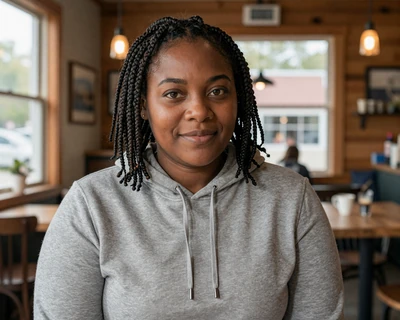 Tanya, a 38-year-old Black woman with braids in a hoodie at an Iowa coffee shop, a MileDating trucker dating Iowa profile