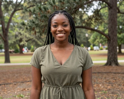 Jasmine, a 29-year-old Black woman with braids in a casual dress at a Georgia park, a MileDating trucker dating Georgia profile
