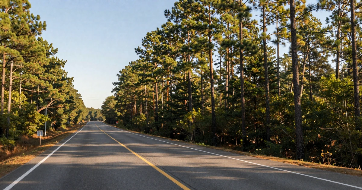 Georgia interstate highway lined with pine trees at golden hour, representing trucker dating in Georgia