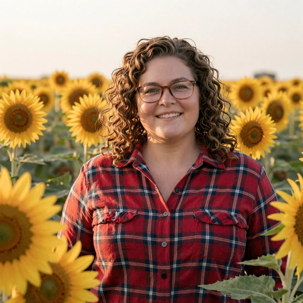 Dorothy, a 42-year-old woman with glasses and curly hair in a flannel shirt smiling in a Nebraska sunflower field, representing Great Plains dating for truckers