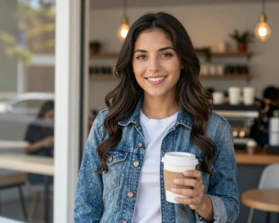 Valeria, a 25-year-old Latina woman in a denim jacket at a Sacramento coffee shop, a MileDating trucker dating California profile