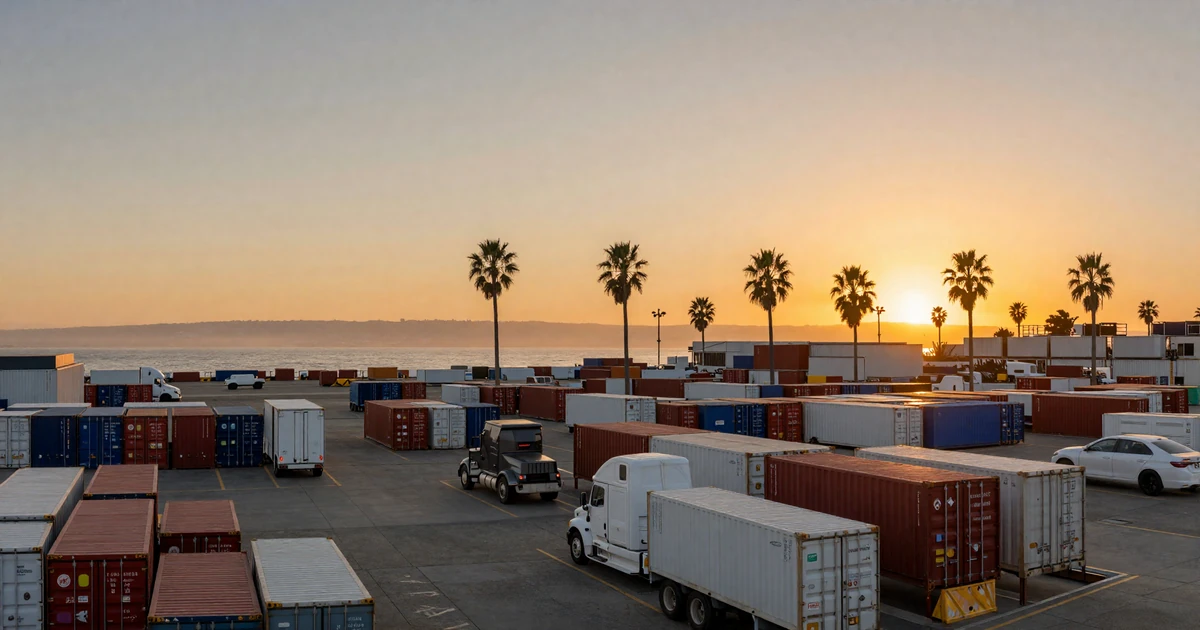 Los Angeles port area with semi trucks and palm trees at sunset, representing trucker dating in Los Angeles