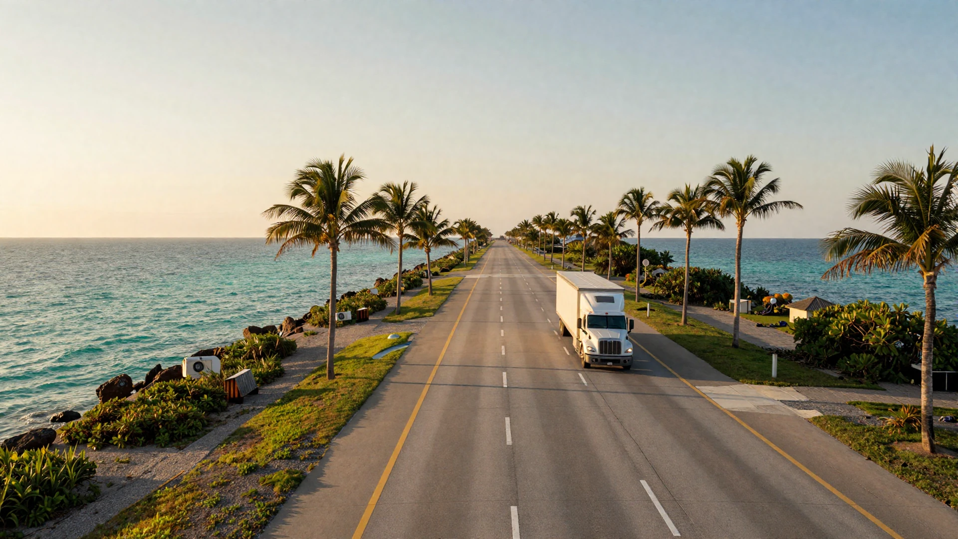 Florida coastal causeway highway at sunrise with a semi truck in the distance, representing trucker dating in Florida