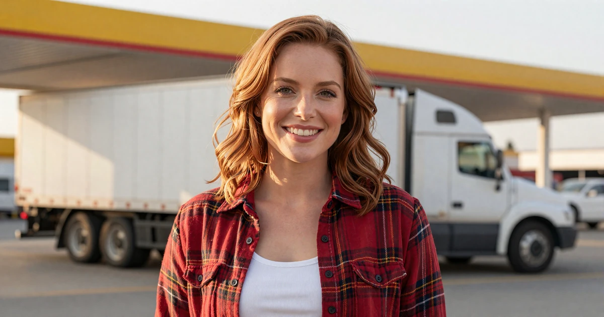 Woman in a flannel shirt smiling at a truck stop, representing someone interested in dating a truck driver