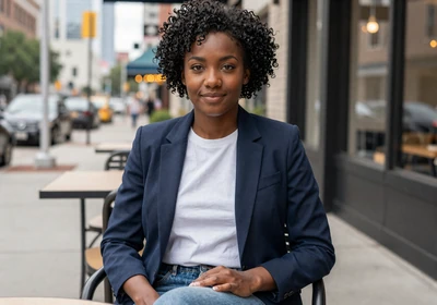 Nia, a 31-year-old Black woman in a blazer at a Houston coffee shop, representing trucker dating in Houston