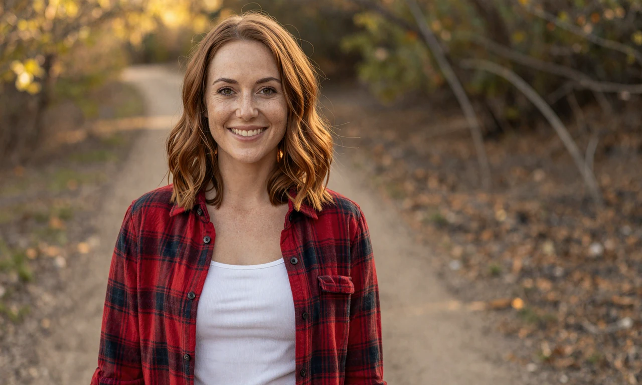 A woman in a flannel shirt smiling warmly at a wooded trailhead, representing the MileDating trucker dating service community