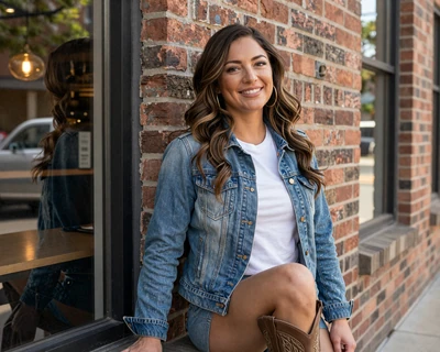 Brittney, a 28-year-old brunette woman in cowboy boots outside a Dallas coffee shop, a MileDating trucker dating Dallas profile