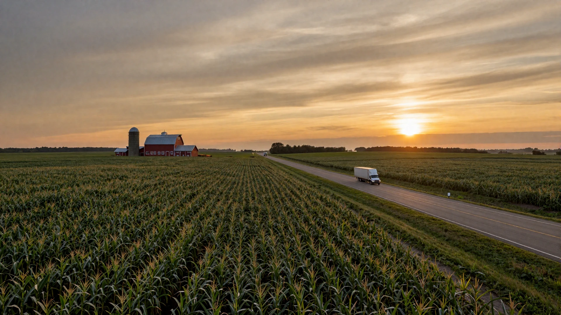 Ohio farmland highway at golden hour with a semi truck in the distance, representing trucker dating in Ohio