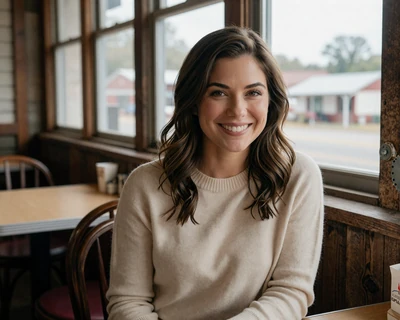 Brandi, a 33-year-old brunette woman in a cream sweater at an Arkansas diner, a MileDating trucker dating Arkansas profile