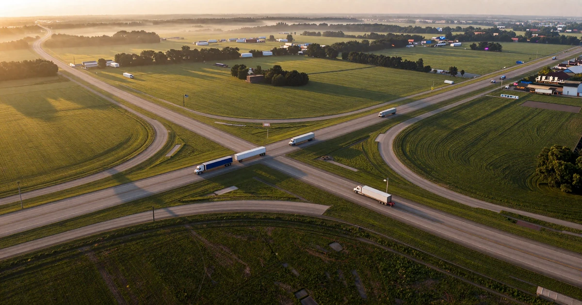 Interstate 35 and Interstate 80 interchange near Des Moines Iowa at dawn, representing trucker dating in Iowa