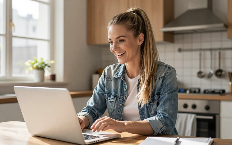 Woman smiling during a video call at her kitchen table, illustrating communication strategies for long-distance trucker relationships