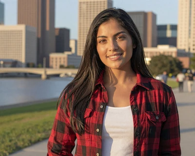 Sofia, a 34-year-old Latina woman in a flannel shirt at Buffalo Bayou Park Houston, a MileDating trucker dating Houston profile