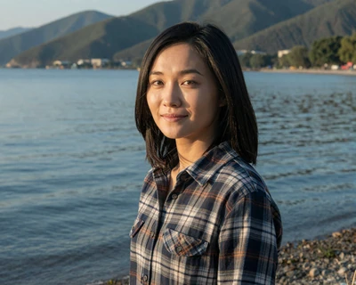 Emily, a 29-year-old Asian American woman in a flannel shirt at a lakeshore, a MileDating trucker dating profile