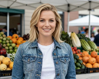 Amanda, a 33-year-old blonde woman in a denim jacket at a Philadelphia farmers market, a MileDating trucker dating Pennsylvania profile