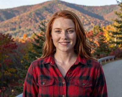 Hannah, a 27-year-old redhead in a flannel shirt at a Pocono Mountains trailhead, featured on MileDating trucker dating