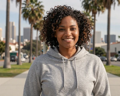 Nia, a 36-year-old Black woman with natural hair in a hoodie at an LA park, a MileDating trucker dating Los Angeles profile