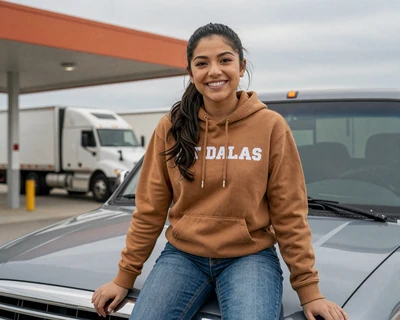 Valeria, a 26-year-old Latina woman in a UT Dallas hoodie at a Texas truck stop, a MileDating trucker dating Dallas profile