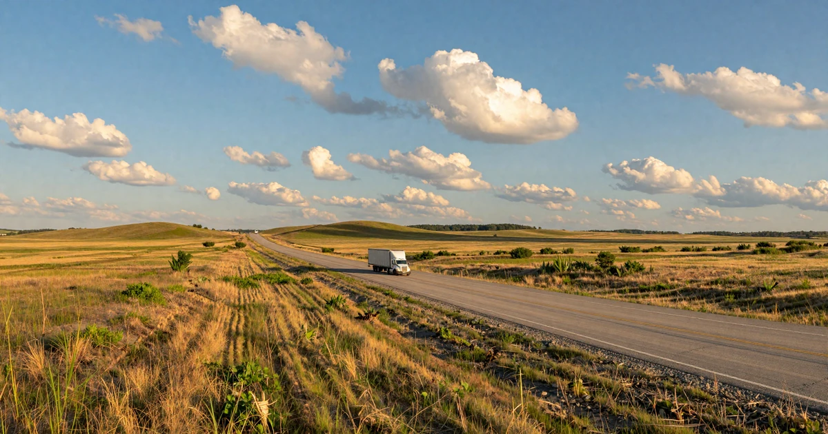 Interstate 80 stretching across the Nebraska Great Plains under a vast blue sky at golden hour, representing trucker dating in Nebraska