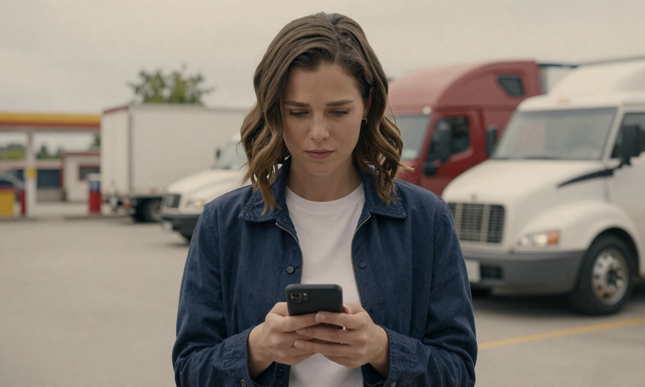 A woman in a jacket looking cautiously at her phone at a truck stop, illustrating dating safety awareness for trucker dating