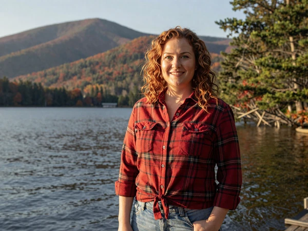 Danielle, a 40-year-old woman with curly auburn hair in a flannel shirt smiling at an upstate New York lake, representing nature date ideas for trucker dating New York
