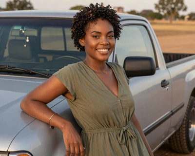 Jasmine, a 30-year-old Black woman in a casual dress leaning on a pickup truck, featured on MileDating for trucker dating